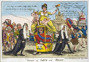 Triumph of Love and Folly, pub. 1812 (håndfarget gravering)